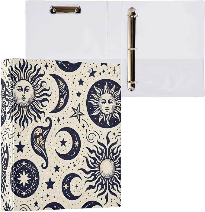 3 Ring Binder Sun Moon Crescent Boho Stars 1.5" Round Ring Binders View Binder with 200 Sheet for Women Men Office Kids School Supplies, 1 Pack