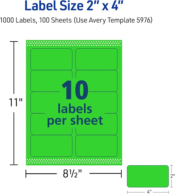 Avery Printable Shipping Labels with Sure Feed, 2" x 4", Neon Green, Laser & Inkjet Compatible, 1,000 Blank Labels Total, Great for Branding, Mailing, Organizing, and More (5976)