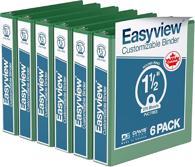 Easyview Premium 3-Ring Binders with Clear-View Covers and Round Rings, Binders for School or Office, 1.5 Inch, Pack of 6, Green