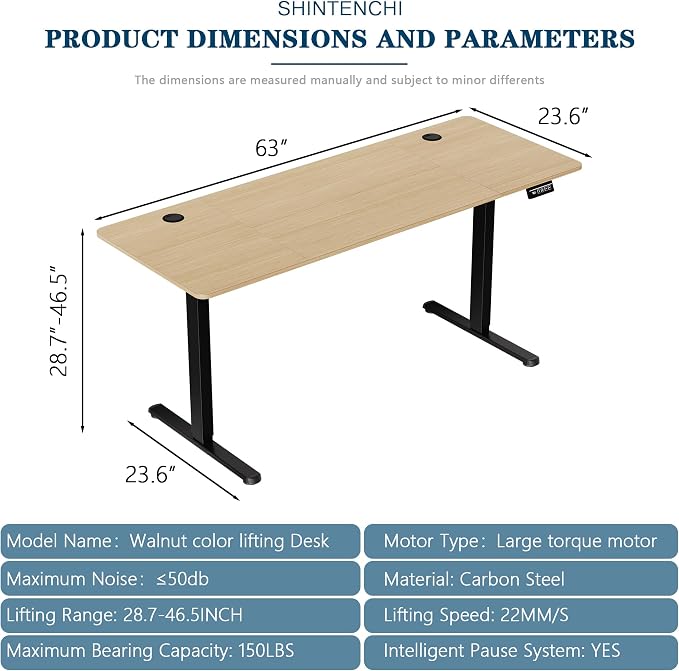 Shintenchi Standing Desk, 63x24 Inch Height Adjustable Electric Sit Stand up Desk, Ergonomic Rising Computer Table, Modern Lift Gaming Desk Workstation for Home Office, White