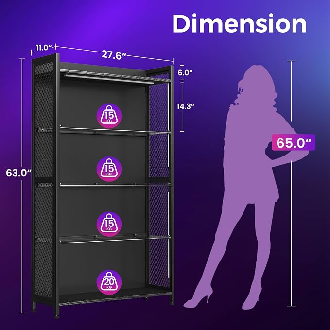 AODK Display Case with Glass Shelves & RGB Lights, 4-Tier Display Cabinet | LED Display Shelf with Industrial Metal Mesh & Open Shelf Design for Collectibles, Black Curio Cabinet, Book Case