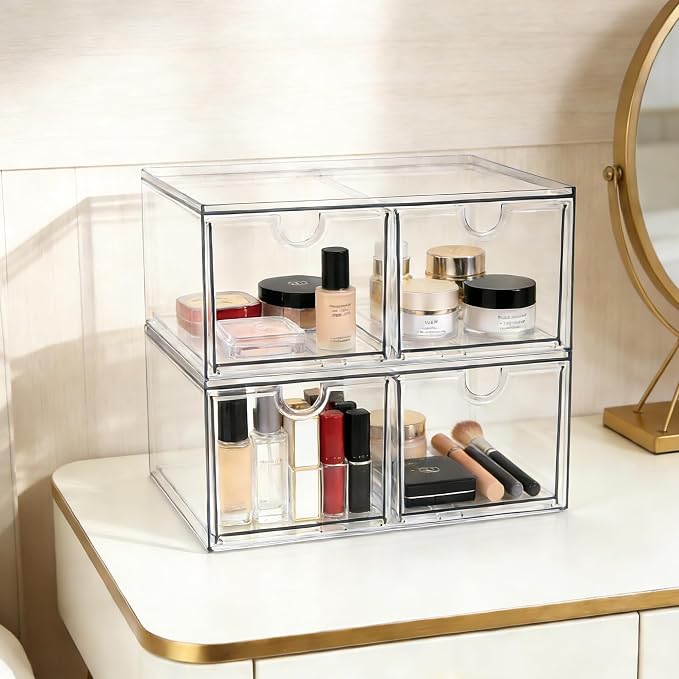 Prsildan Acrylic Storage Drawers Clear Makeup Organizer with 4 Drawers | Transparent, Stackable, For Vanity Bathroom Kitchen Cabinets Office Desk Undersink, Cosmetics Toiletries Home Small Items
