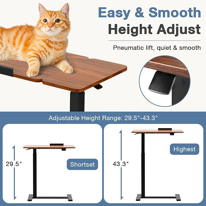 DUMOS Adjustable Bedside Overbed Table with Wheels, Brown | Laptop Standing Desk with Tilting Top Height, Mobile Rolling Computer Cart for Hospital Home Bedroom Use