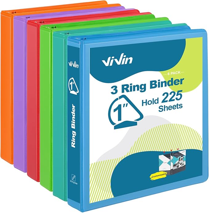 ViVin Durable 1 Inch D Ring Binders with 2 Pockets, 6 Pack, Assorted | 3 Ring Binders with Clear View Cover, Hold 225 Sheets of US Letter Size Paper, PVC-Free for Office, Home, School