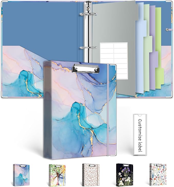 A5 Binder 3 Ring 1 Inch for 5.5"x8.5" Paper, Mini Three Ring Binders with Clipboard,5-Tab Dividers,Interior Pocket, Spine ID Label Holder, BVSSX Small Binder with Pen Holder,Blue Marble