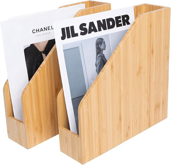 2 Pack Bamboo Magazine File Holder Book Holder Frames | Document Cabinet Rack, Storage Organizer, Small Magazine Shelf, For Home, Office