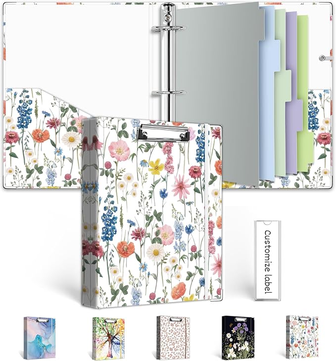 A5 Binder 3 Ring 1 Inch for 5.5"x8.5" Paper, Cute Mini Three Ring Binders with Clipboard,5-Tab Dividers,Interior Pocket, Spine Label, BVSSX Small Binder with Pen Holder, Blue Bloom