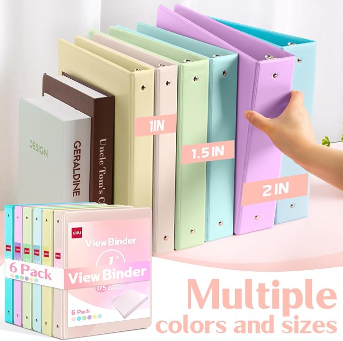 deli 1-inch 3 Ring Binder 6 Pack,11" x 8.5" US Letter Size | 1 inch Binders with 2 Interior Pockets,175 Sheets Capacity,Assorted 6 Pastel Colors