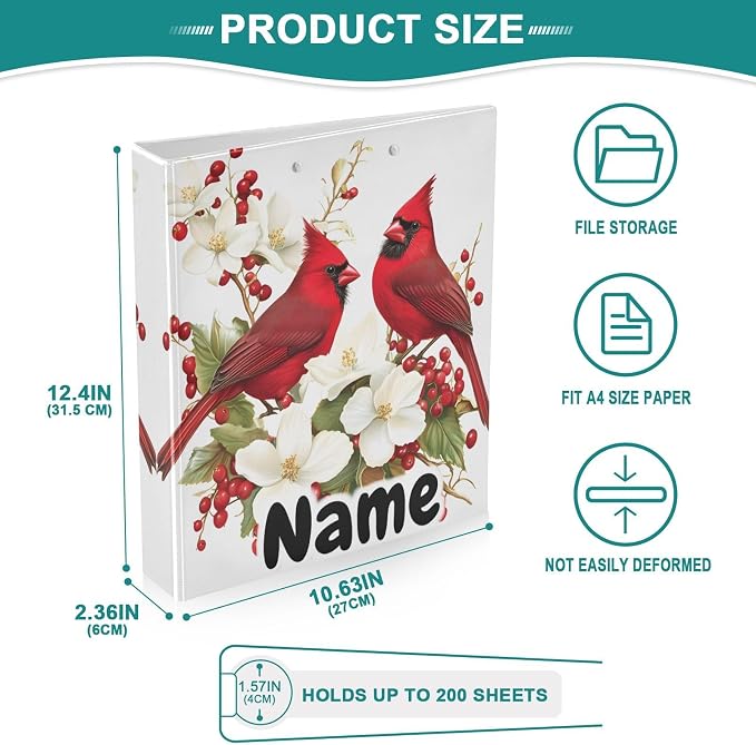 Custom 3 Ring Binder Red Cardinal Flowers Berries 1.5" Round Ring Binders Personalized Name View Binder with 200 Sheet for Kids School Supplies Women Men Office, 1 Pack