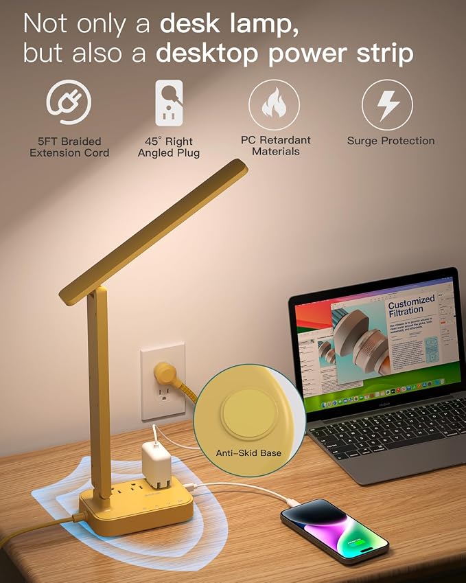 Addtam LED Desk Lamp, Power Strip with 3 Outlets 4 USB Charging Ports(2 USBC), 4 Modes 5 Level Brightness Touch Lamp, Small Desk Lamp for Home Office College Dorm Room Essentials, Yellow