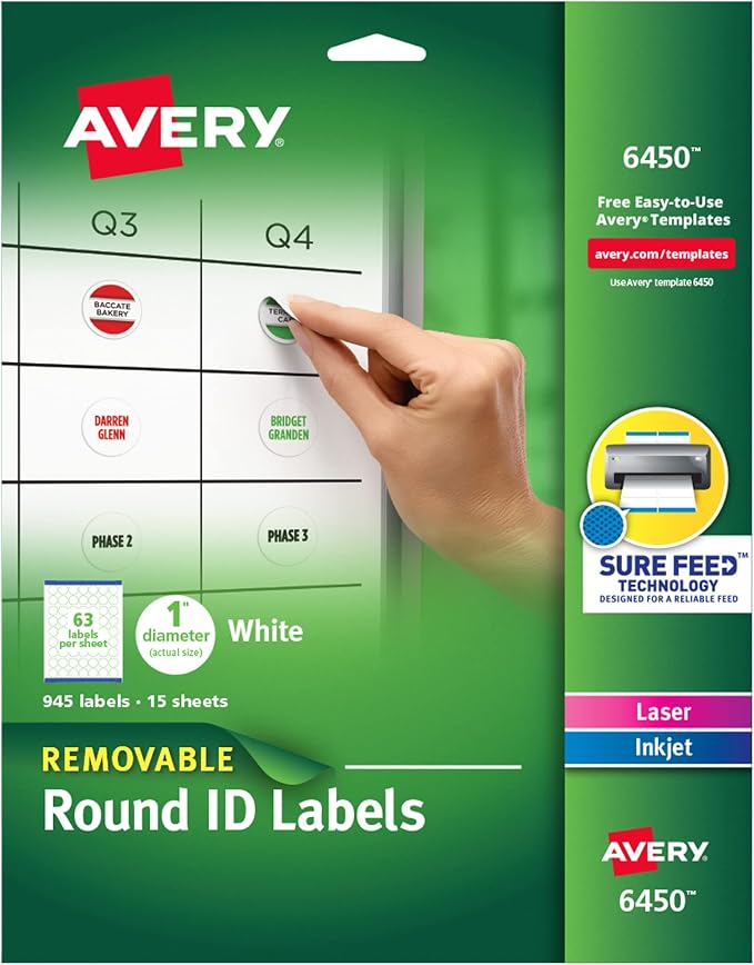 Avery Multiuse Removable Round Labels with Sure Feed Technology, 1", 5 Packs (6450)