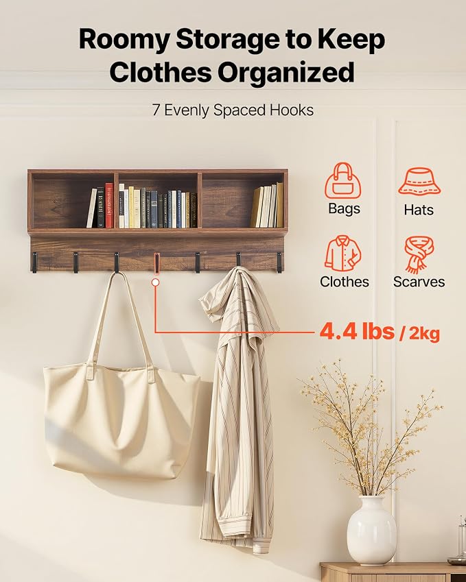 VEVOR Coat Rack with Shoe Bench, 3-in-1 Shoe Coat Rack Combo Set with Hooks and Bookshelf, Steel Frame Hall Tree Entrance Storage Organizer Holder for Entry, Bedroom, Closet, Office, Rustic Brown
