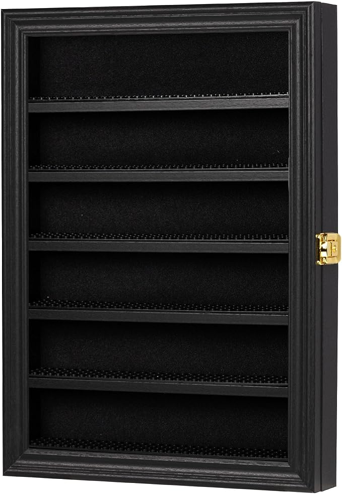 Minifigure Display Case - Building Block Toy Wall Cabinet Showcase for Small Miniature Collectibles Mini Brands Thimbles, 2.25" Height Shelf Lockable UV Protection Door (Small - Black Frame)