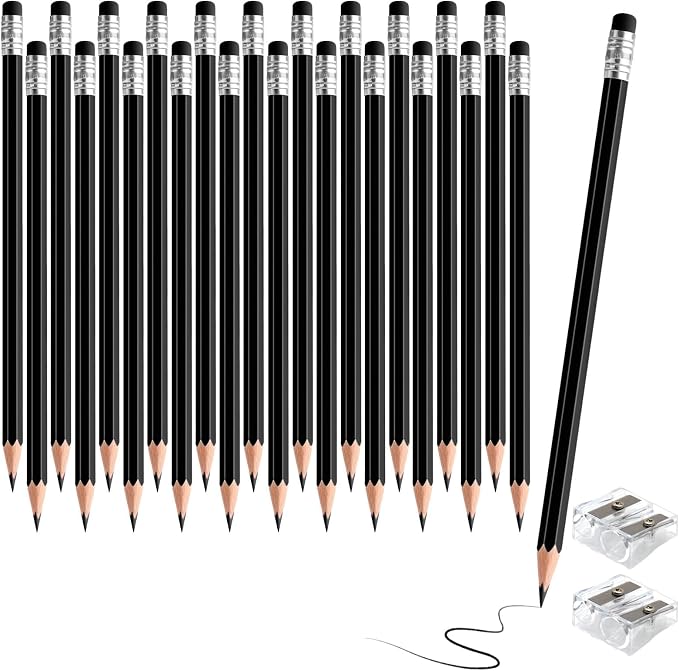 24PCS Erasable Colored Pencils with Eraser Pre Sharpened Pencil 2 HB - Ideal for Checking, Grading, Tests & Office/School Supplies (Black)