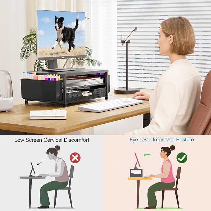 Desk Organizers and Accessories, Computer Monitor Stand Riser with Drawer and 2 Pen Holders, Printer & Laptop Stand, Office Desk Accessories & Workspace Organizers for Home Office Supplies, Black 2-Pack