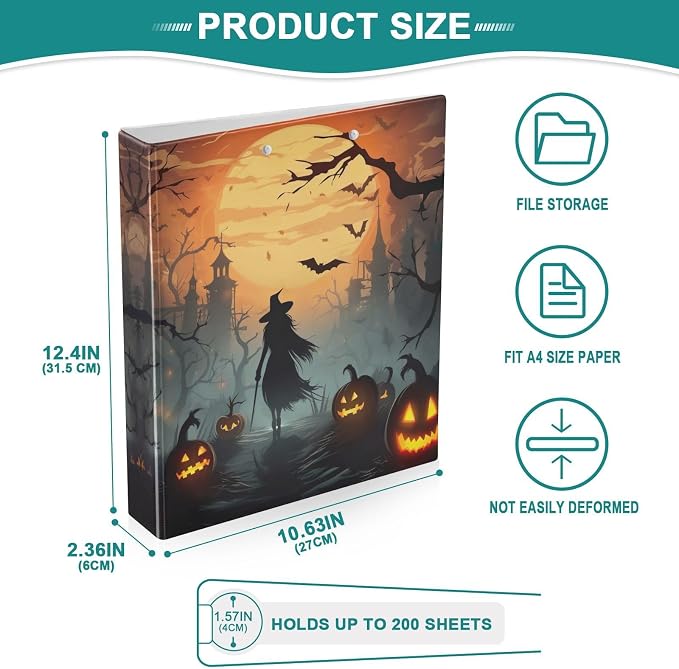SPRIPORT Halloween Pumpkin Witch 1.5 Inch 3 Ring Binder Holds 200 Sheets for Office Supplies Durable PVC Round Ring Binder with Interior Clear Pockets Flexible Round Binder for Home Work Woman Man