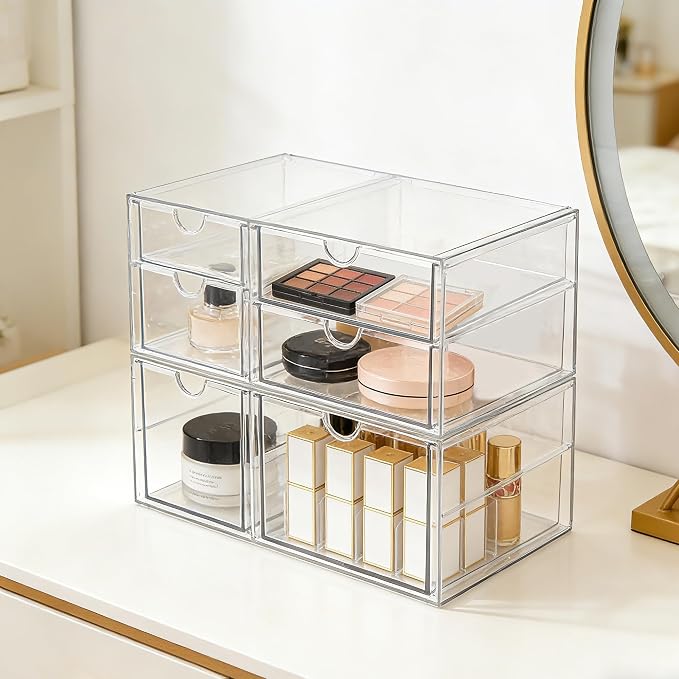 Prsildan Acrylic Makeup Organizer Clear Storage Drawer with 6 Small Drawers | Transparent, Vanity Organizers, For Bathroom Kitchen Cabinet Office Desk Under Sink, Set of 2