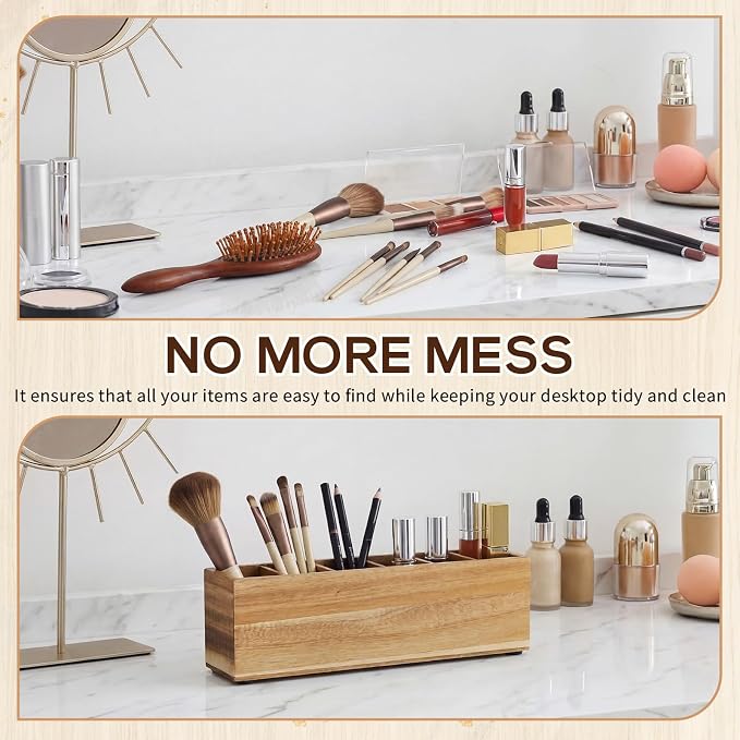 Jetec Wooden Pencil Pen Holder for Desk 6 Compartments Wood Office Desk Organizers for Countertop Adjustable Makeup Brush Organizer Silverware Caddy for Party, Home, Art Supplies (Acacia Wood)