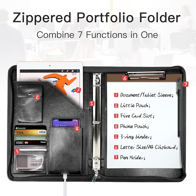 WRIYES Zippered Portfolio Organizer with 3 Ring Binder, Black | Leather Padfolio, Professional Business Binder, Organizer for iPad/Document, Phone & Business Cards