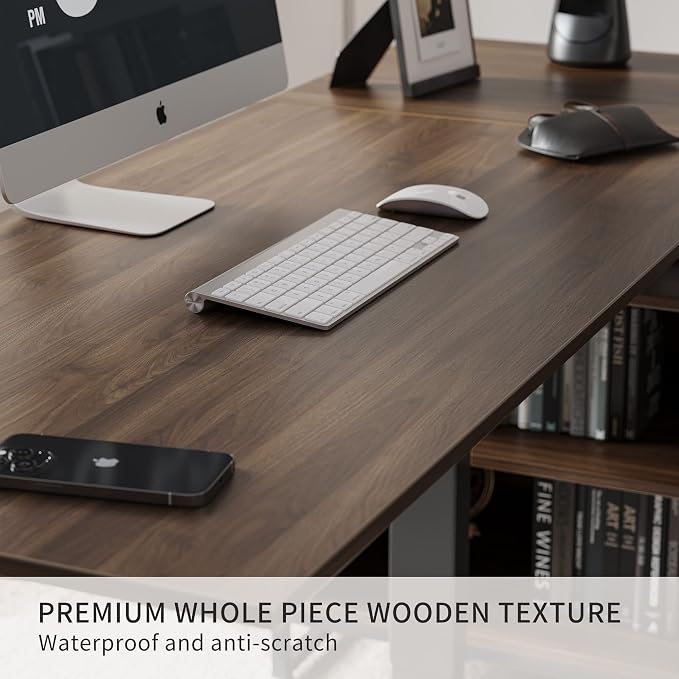 BANTI 66 Inches L Shaped Standing Desk with Drawers & Shelves, Executive Desk Adjustable Height Desk, Desk with Storage, Black Walnut Top/Black Frame
