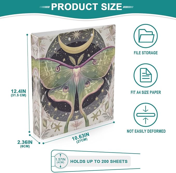 Luna Moths Green 3 Round Ring Binders | 1.5 Inch Binder with Clipboard, PVC Pockets, Work Organizer, Holds 200 Sheets for School Office 1 Pack
