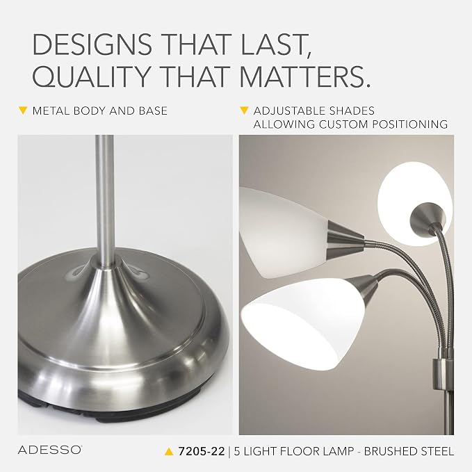 Adesso Floor Lamp with 5 Movable Shades & Adjustable Brightness, Brushed Steel Finish, Silver Perfect Lighting for Bedroom Decor, Beauty & Art Studio