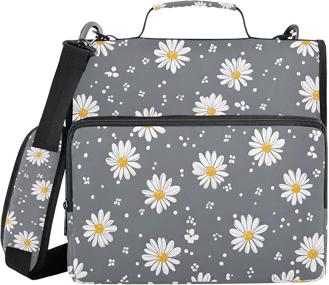 3 D-Ring Zipper Binder Bag, White Daisy Dots Grey Pattern Removable Binder with Zipper Case Hold 300+ Sheets& 13 Inch Laptop for School Office Supplies Organizer