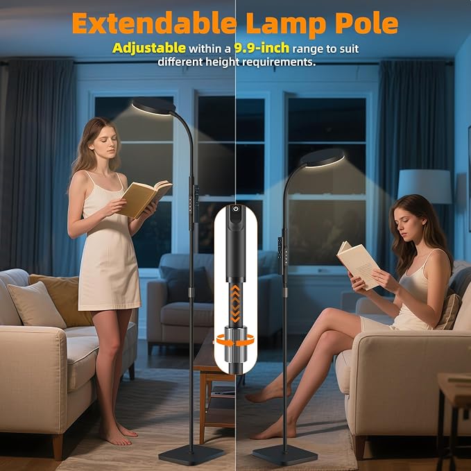 PACOVY Floor Lamp, Adjustable Height Floor Lamps for Living Room Bedroom, 120 LED Super Bright Standing Lamp Remote Control Dimmable Gooseneck Tall Stand Reading Lamp for Office Craft, Black-RGB