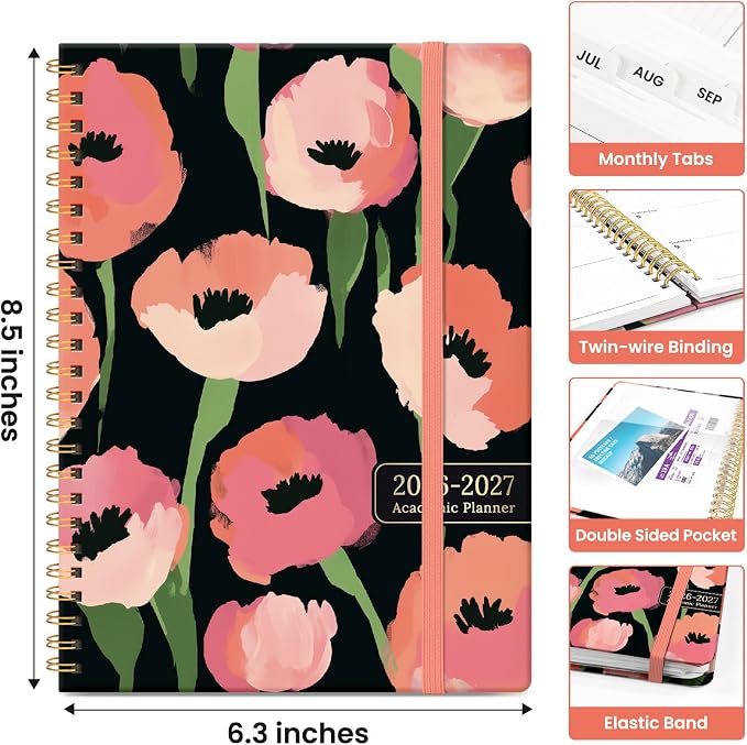 Taja Planner 2026-2027, Jul 2026-Jun 2027 Monthly & Weekly Calendar Book | 6.3" x 8.5", Hardcover Academic Calendar with Tabs, Teacher Student Agenda Book for School Office Supplies - Midnight Poppies