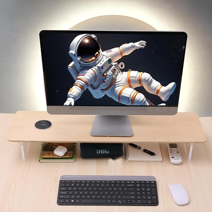 SUIBIAN White Monitor Stand Riser with Wireless Charging 31.5Inch Large, Computer Monitor Stand,Wooden Desktop Organizer Shelf for Office Desk Computer,Laptop,TV (White Oak)