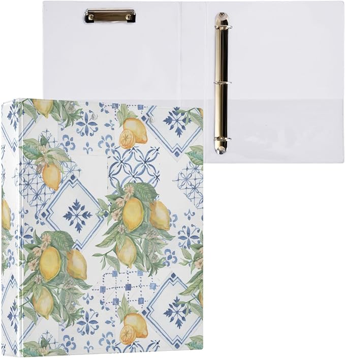 French Blue Tile Yellow Lemon Binder 3 Ring 1.5 Inch Binder with Clipboard&Pockets, Hardcover Binders Heavy Duty Large File Folder for Office School Supplies - Holds 200 Sheets