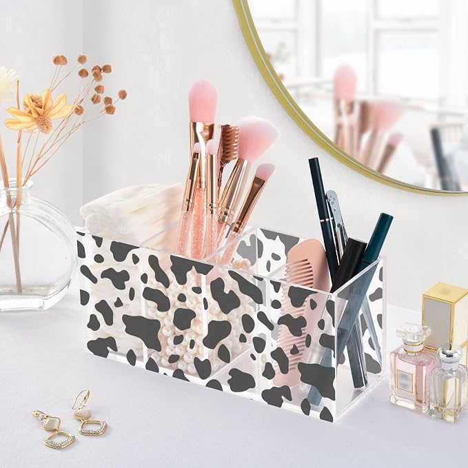 Classic Cow Print Clear Acrylic Cutlery and Pen Organizer, Acrylic Plastic Pencil Holder Square 4 Compartments Large Capacity Acrylic Pencil Holder Desk Pencil Organizer
