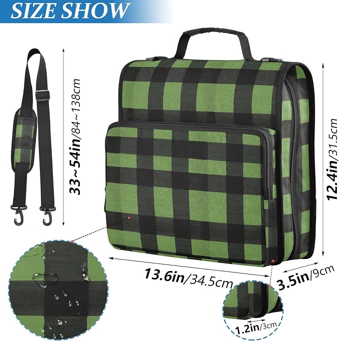 ALAZA Green Black Plaid Zipper Binder 1.5 inch 3 Ring Binder Organizer with Shoulder Strap and Handle for Home Office Work