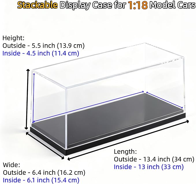 Model Car Display Case for 1:18 Scale Diecast Cars, Clear Acrylic Stackable Showcase Box for Toys & Memorabilia, Dustproof Collector Storage with Black Base, 13.4 x 6.4 x 5.5 Inch
