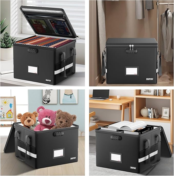 ENGPOW 5200°F Fireproof Document Box with Lock, Heat Insulated Collapsible File Storage Organizer with Handle, Portable Home Office File Cabinet for Hanging Letter/Legal Size Folder, Black