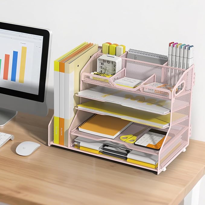 YINGHUA 5-Tier Mesh Desk Organizer and File Holder, Letter Tray - Pink | Sturdy steel mesh with 3 sliding trays, 2 handles, 6 adjustable top sections. U-shaped design for easy access to office files