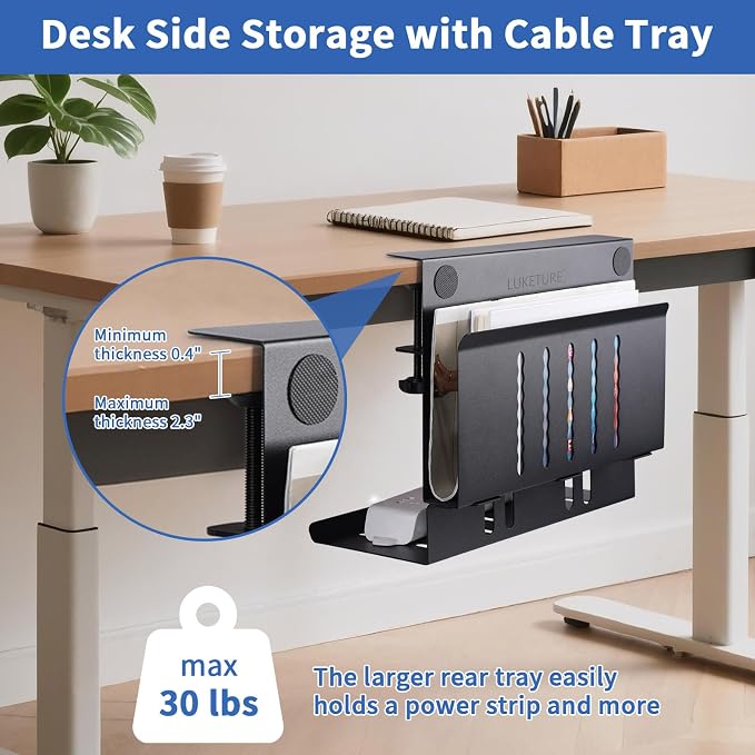 LUKETURE Desk Side Storage, Under Desk Laptop Mount with Cable Tray | 2-in-1 Steel laptop mount clamps to desk side, no drilling. Built-in cable tray hides cords. Holds 30 lbs, Office and Home