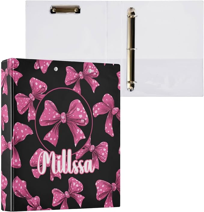 Pink Polka Dot 3 Ring Binder with Clipboard Round Ring Binders Bows Name Custom Binder 3 Interior Clear Pockets for Office Supplies 1 Pack