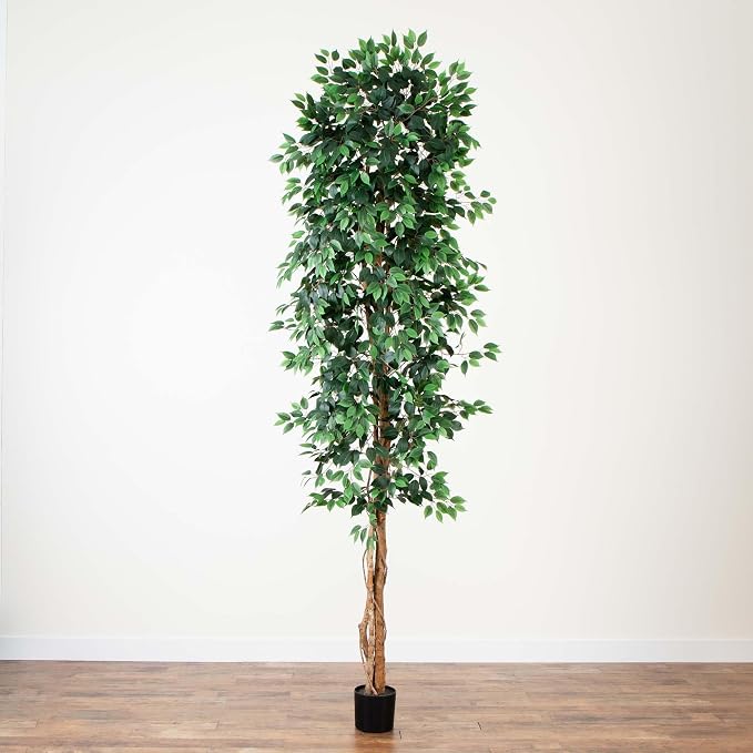 Nearly Natural 10 ft Artificial Ficus Tree Planter Floor Plant | Nature-Inspired Trunk, More than 1500 Lifelike Leaves, Black Nursery Planter Included, Office and Living Room Foyer Decor