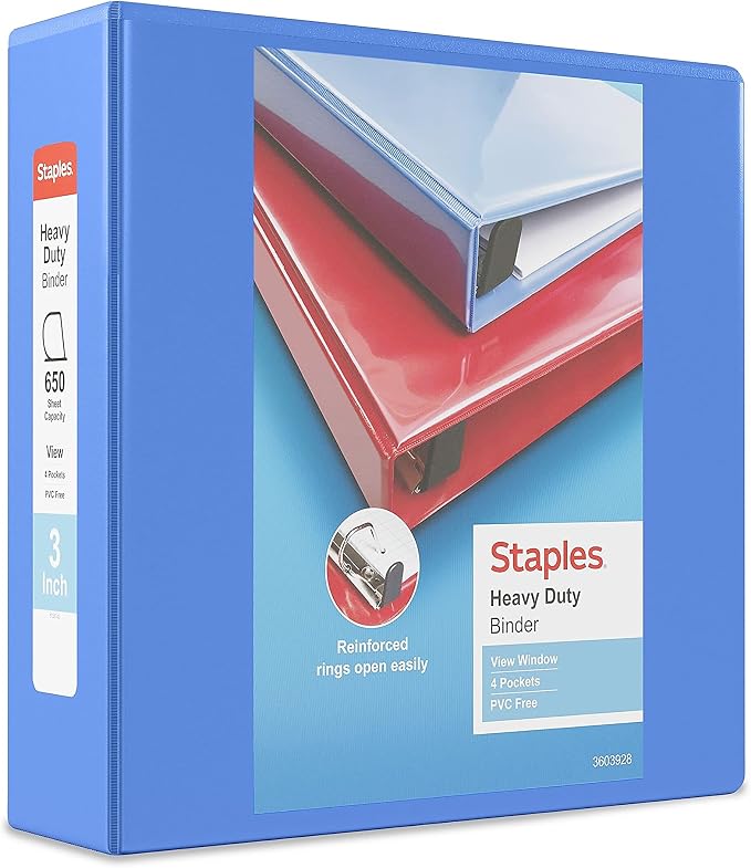 Staples Heavy-Duty 3-Inch 3-Ring View Binder with D-Rings, 4 Interior Pockets for High-Capacity Document Organization, Periwinkle, 2-Pack