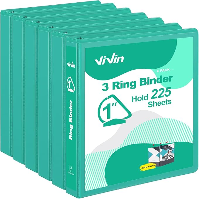 ViVin Sturdy 1 Inch D Ring Binders with 2 Pockets, 6 Pack, Lake Green | 3 Ring Binders with Clear View Cover, Hold 225 Sheets of US Letter Size Paper, PVC-Free for Office, Home, School