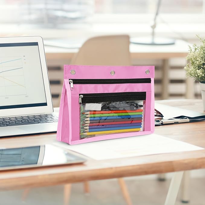 YoeeJob 18 Pack 1 Inch Expandable Zipper Pencil Pouches with Clear Window for 3 Ring Binder, Suitable for School & Office（Pink）