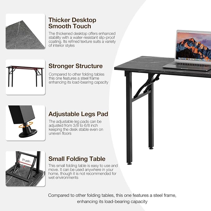 TEMI Small Computer Desk Folding Table - 55.1" Foldable Office Desk, No Assembly, Perfect for Small Spaces in Bedroom, or Apartment, Portable Mini Desk or Study Table Compact Design, Marble Greige