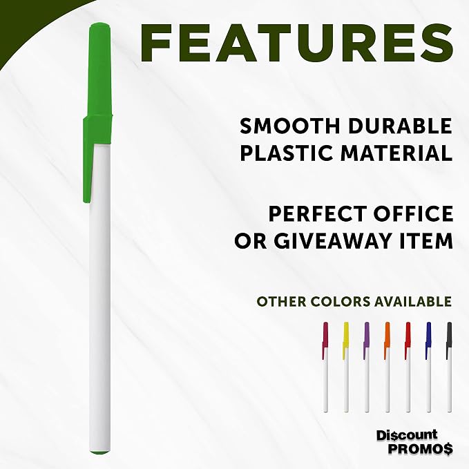 DISCOUNT PROMOS Value Stick Pens Set of 10, Bulk Pack - Blue Ink, Great for Office, School, Business, Tradeshows, Events - Green Cap