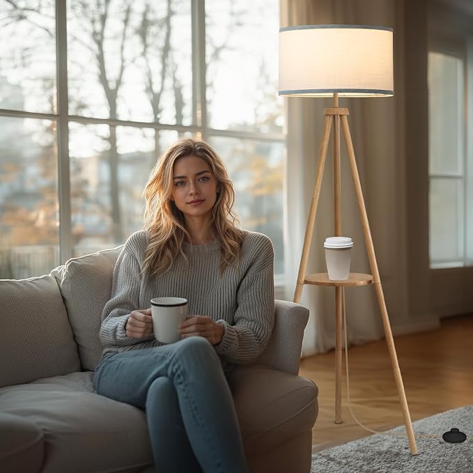 EOEYYOYB Floor Lamp with 3 Light Modes Adjustable– Wood Tripod Floor Lamp Modern LED Standing Lamp with Dimmable Brightness, Perfect for Living Room, Bedroom, and Office, Burlywood
