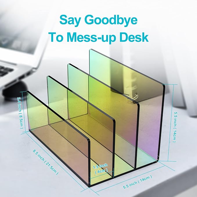 Boloyo Acrylic File Holder,1PC 3 Sections Rainbow File Organizer Mail Letter Sorter Desktop Folder Holder for Home Office School Envelope Bill Filling Paper Document
