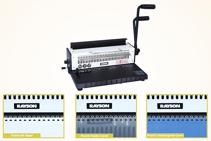 RAYSON TD-1500B34R 3:1 Wire Binder, 15-Sheet Punch, 130-Sheet Capacity | Wire binding machine with 34 fully disengageable round-hole punch pins for custom hole patterns on A4 and Letter sheets.