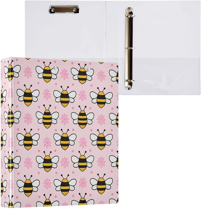 Aslsiy Pink Bee Yellow Bees Flowers 3 Ring Binder 1.5 Inch Round Clipboard Decorative Harcover Organizer for Office Supplies