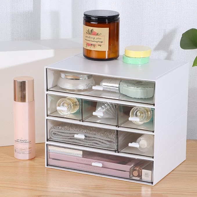 Stackable Storage Drawers, Office Desk Organizer with 7 Flat Drawers | White, Plastic Mini Desktop Storage Box, Tabletop Small Craft Drawer for Office Supplies, Makeup Desk Organizer and Accessory