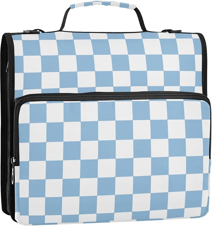 Light Blue White Checkered 3 Ring Zipper Binder with Handle 1.5 inch Binder Organizer, Multi Pockets Office File Folder with Shoulder Strap 500 Sheet Capacity